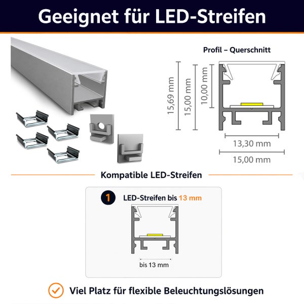 Aluminium LED Profil für LED Streifen bis 13 Millimeter Breite mit Montagezubehör und Maßangaben im Querschnitt.