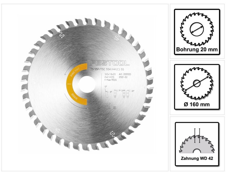 Festool Kreissägeblatt Wood Fine Cut HW 160 x 1,8 x 20 mm WD42 ( 205553 ) für Tauchsägen TS 55 F, TSC 55 K & Handkreissägen HK 55, HKC 55