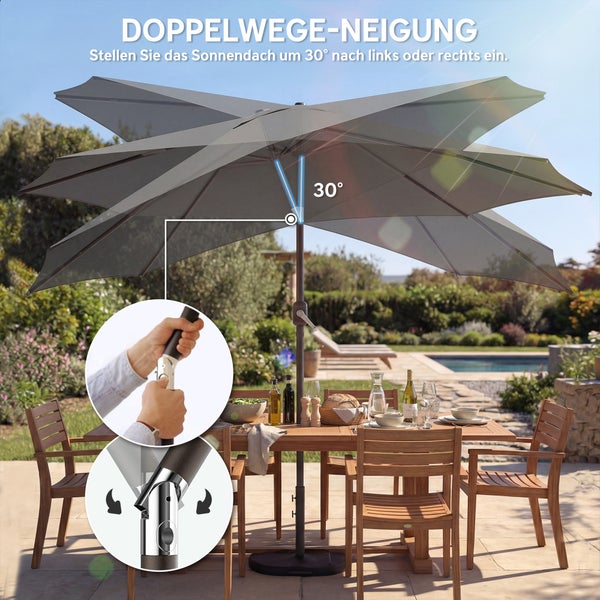 Sonnenschirm mit beidseitiger Neigung um 30 Grad über einem Gartentisch. Detailansichten zeigen den Neigungsmechanismus und die Handbedienung.