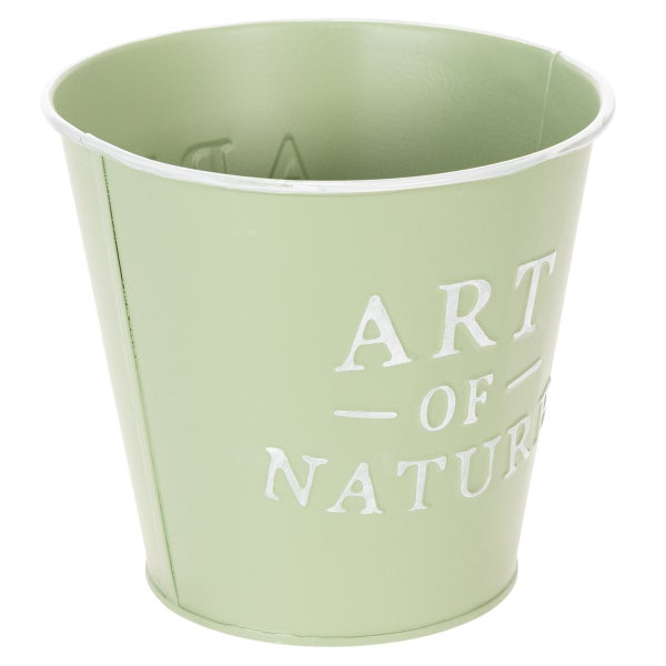 Grüner Pflanztopf aus Metall mit der Aufschrift Art of Nature.