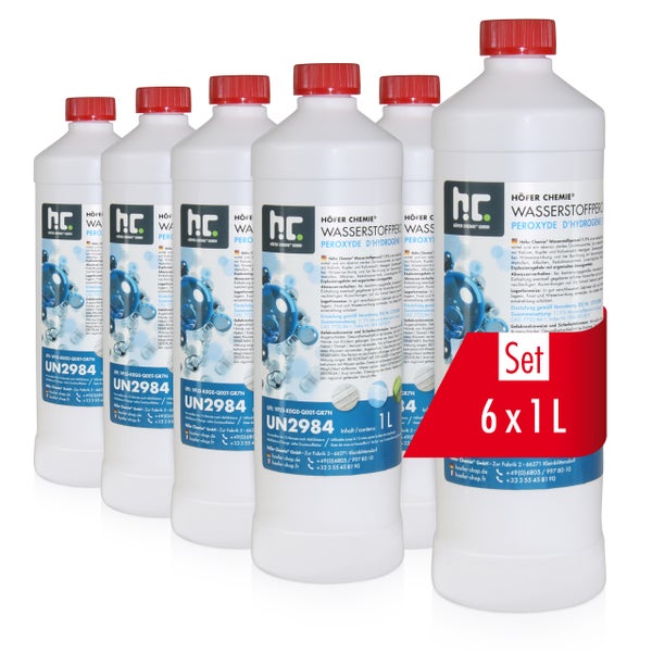 Set mit sechs Flaschen Wasserstoffperoxid, jeweils ein Liter von Höfer Chemie