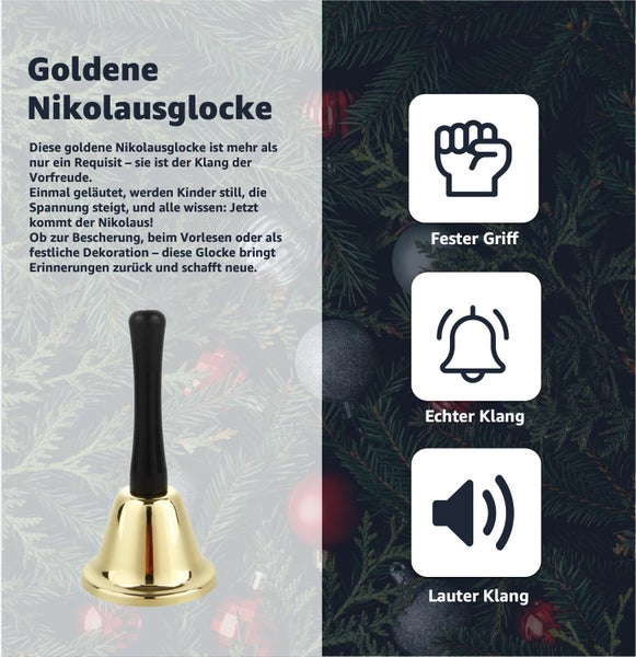Goldene Nikolausglocke mit schwarzem Griff und den Icons fester Griff, echter Klang und lauter Klang.