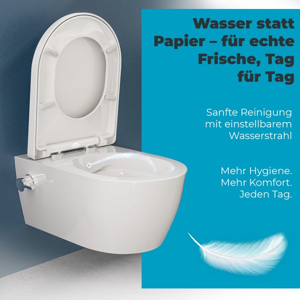 Hänge-Bidettoilette mit geöffnetem Deckel und Duschfunktion