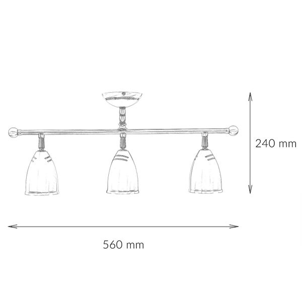 Deckenleuchte mit drei Leuchten und den Maßen 560 mm Länge und 240 mm Höhe
