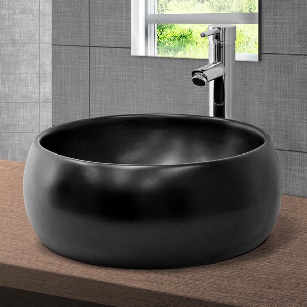 ML-Design Waschbecken aus Keramik in Schwarz matt Ø 400 x 155 mm mit Ablaufgarnitur, Runde Aufsatzwaschbecken, Moderne Waschtisch, Waschschale Waschplatz Handwaschbecken, für Badezimmer / Gäste-WC