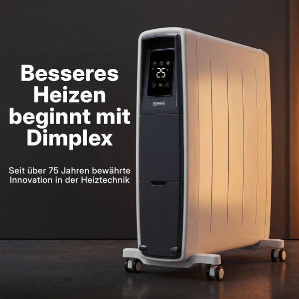Mobiler Konvektor von Dimplex mit digitalem Display und Rollen für flexible Beheizung von Wohnräumen.