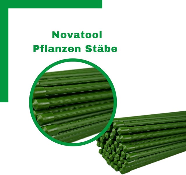 Novatool Pflanzenstäbe im Bündel mit Detailansicht der gerippten Oberfläche und der Endkappen.
