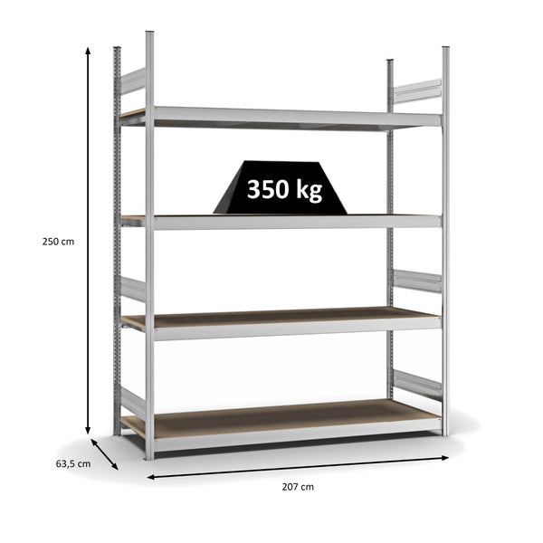 PROREGAL Weitspannregal Stecksystem T-Profil Grundregal HxBxT 250x200x60 cm 4 Ebenen Spanplatten Fachboden Fachlast 350 kg Verzinkt