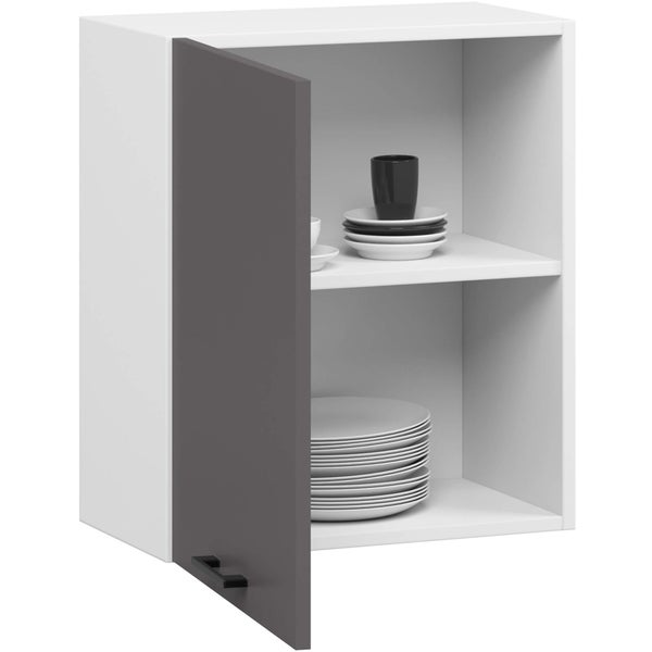 Wandschrank mit offener Tür und Geschirr