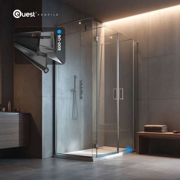 Moderne Duschkabine aus Glas im Badezimmer mit einer Quest Profile Duschdichtung Modell 600-U6 und Quest Logo.