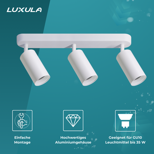LUXULA Logo. Deckenleuchte mit drei Strahlern