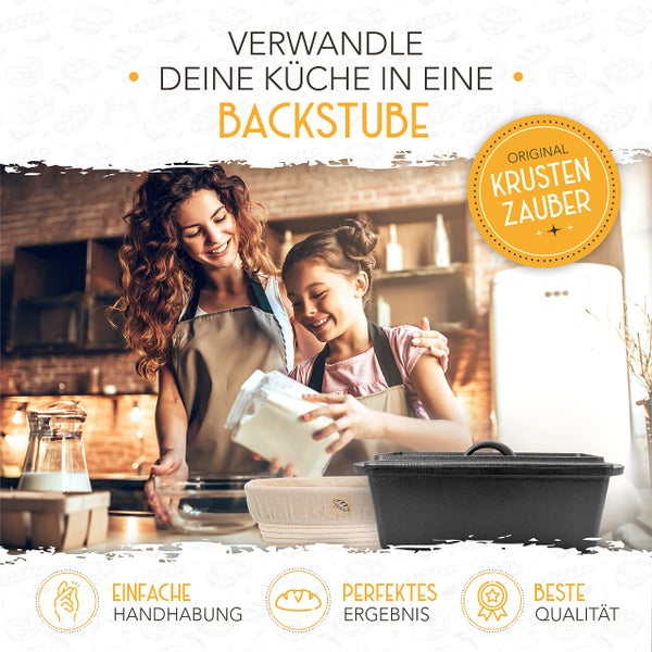 KRUSTENZAUBER Brotbackform mit Deckel inkl. Gärkorb - Robuste 28cm Backform aus Gusseisen - Ideal als Kastenform, Toastbrot Backform, Brotform, Gusseisen Topf Brot backen Zubehör, Brottopf