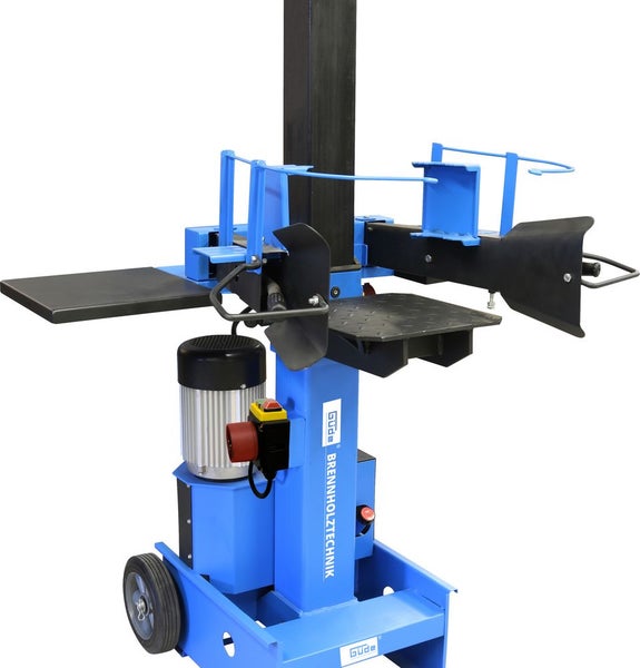 Güde Holzspalter mit Elektromotor, vertikale Ausführung mit Spalttisch und Transporträdern.