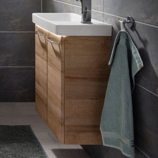 FACKELMANN MILANO Gäste-WC Set, 55 cm Breite, Korpus & Front Braun hell, Badschrank mit Soft-Close-System, Waschbecken + Waschbeckenunterschrank inkl. 2 Schubladen