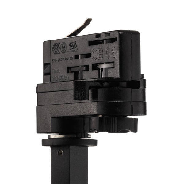 Schwarzer Stromschienenadapter aus Kunststoff für 220 bis 250 Volt Wechselstrom und 10 Ampere, maximale Belastbarkeit 100 Newton.