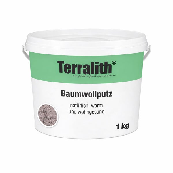 Terralith Baumwollputz 1 Kilogramm, natürliche Wandbeschichtung für den Innenbereich im Eimer.