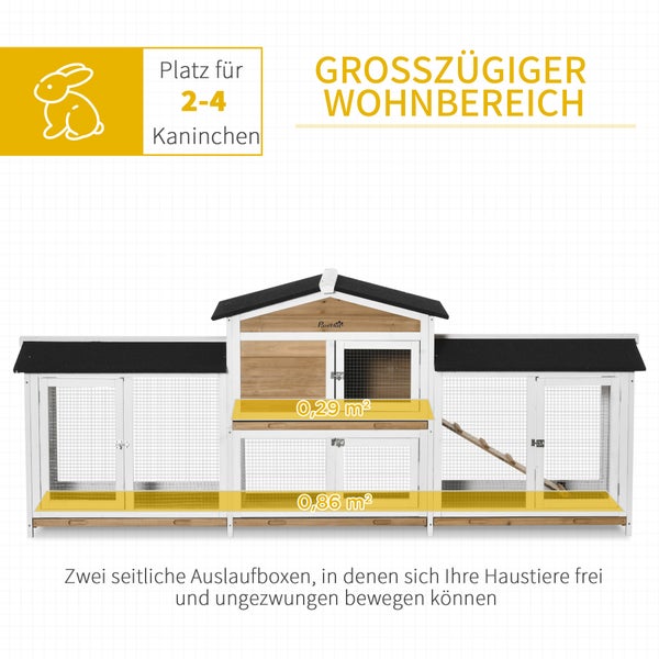 PawHut Kleintierstall Meerschweinchenstall mit Rampe Auslauf Zwergkaninchenstall mit Asphaltdach winterfest Zwergkaninchenkäfig Kleintierkäfig für draußen Tannenholz 230 x 53 x 93,5 cm Weiß