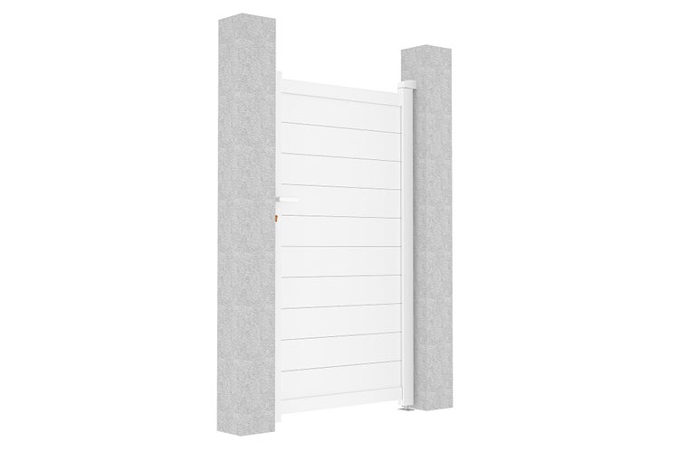 Einzeltor aus Aluminium mit horizontalen Lamellen zwischen zwei Pfosten