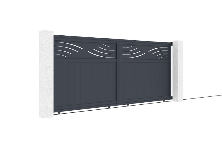 Doppelflügeltor aus Aluminium mit dekorativen Ausschnitten zwischen zwei Torpfosten