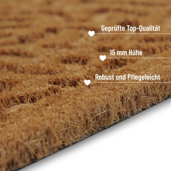 Nahaufnahme einer Kokosmatte mit Hinweisen zu geprüfter Qualität, 15 Millimeter Höhe sowie robusten und pflegeleichten Eigenschaften.