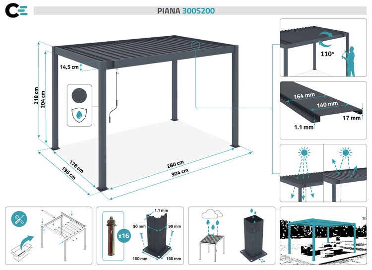 Pergola bioklimatisch aus Aluminium PIANA 297 x 195 x 218 cm selbsttragende - mit isolierten  verstellbares Lamellendach, grauem