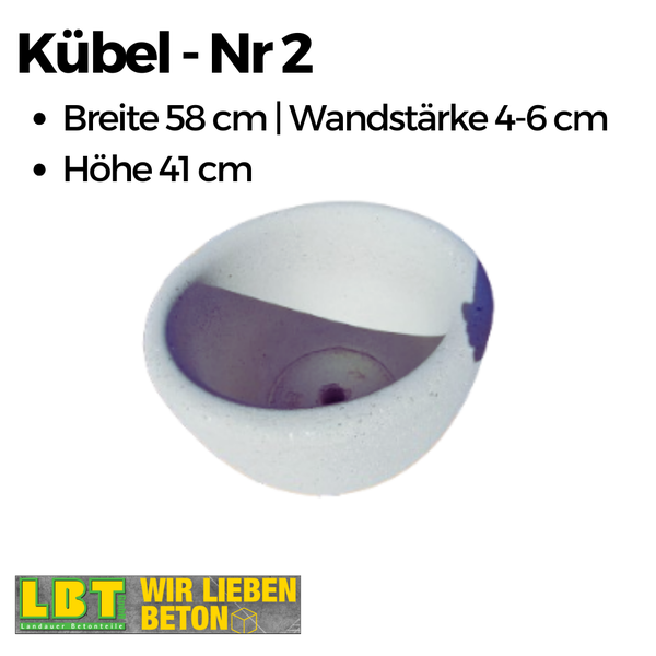 Betonkübel Nummer 2, Breite 58 Zentimeter, Höhe 41 Zentimeter, Wandstärke 4 bis 6 Zentimeter. LBT Landauer Betonteile Logo.