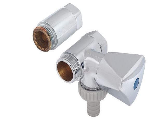 Kombi-Eckventil verchromt mit Dreiecksgriff, Schlauchanschluss und Verlängerungsstück.