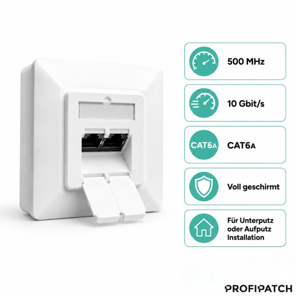 PROFI-PATCH Netzwerkdose CAT6A mit zwei Anschlüssen, voll geschirmt, für Aufputz und Unterputz, bis zu 10 Gigabit pro Sekunde und 500 Megahertz.