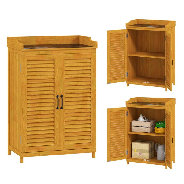 Outsunny Gartenschrank Holz, Geräteschuppen mit Arbeitsfläche, wetterfest Geräteschrank, 65,5x40x98,5cm, Gerätehaus mit Lamellentür, Ablagen, Werkzeugschrank Gartenschuppen für Garten, Terrasse, Gelb