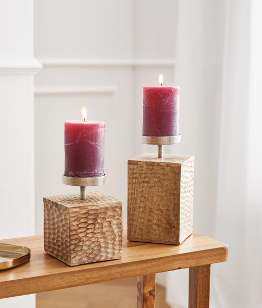 FRANK FLECHTWAREN|Kerzenhalter Holzsäule, 2er Set, 10 x 10 x 14 cm, 10x 10 x 19 cm , MANGOHOLZ, ALUMINIUM