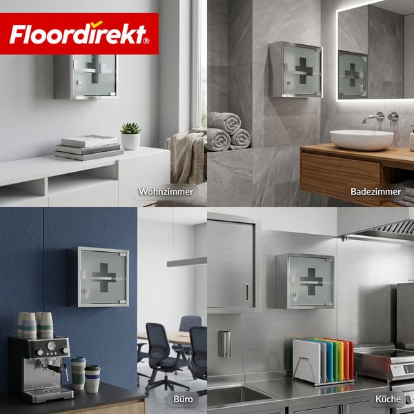 Floordirekt Logo. Quadratischer Erste-Hilfe-Schrank aus Edelstahl mit Glastür in vier Umgebungen: Wohnzimmer, Badezimmer, Büro und Küche.
