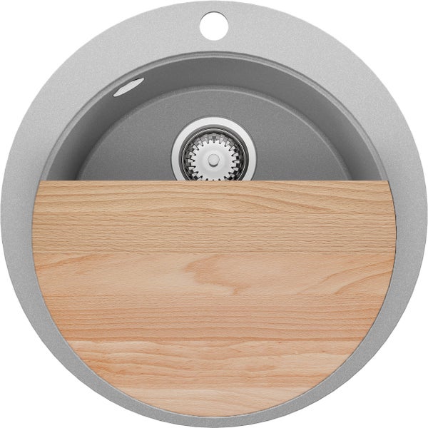 PRIMAGRAN Spülbecken Rund Grau 53x53cm, Granitspüle 1 Becken + Ablauf-Set + Schneidebrett, Küchenspüle ab 50er Unterschrank - Pisa Max