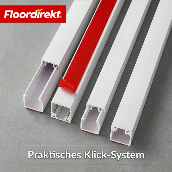 Floordirekt Logo. Weißer Kabelkanal aus Kunststoff mit selbstklebender Rückseite und praktischem Klick-System für die einfache Kabelverlegung.