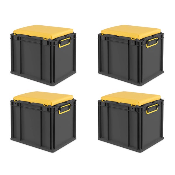 Vier graue Euroboxen mit gelbem Sitzkissen