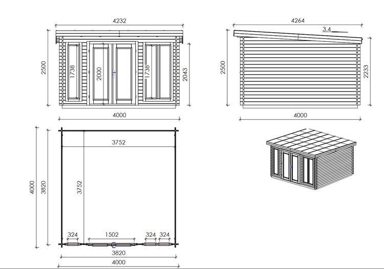 Gartenhaus, Gerätehaus 16m2 - 4x4m - 34mm