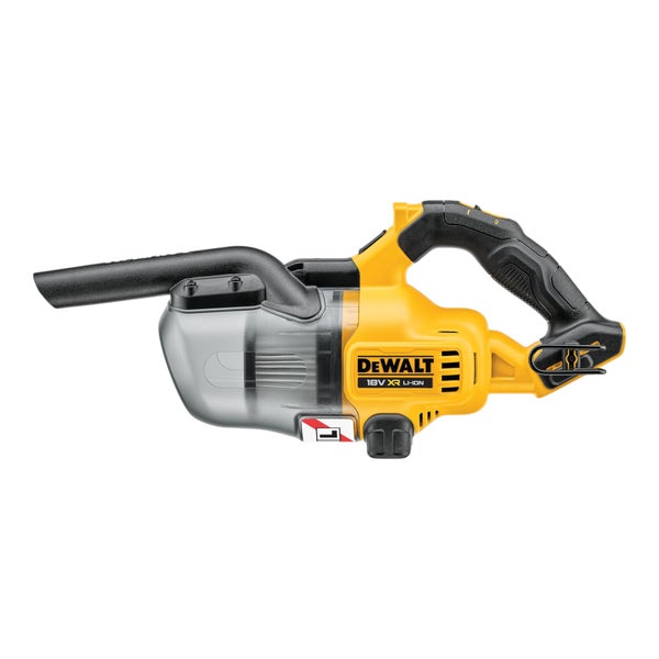 DeWALT Akku-Handsauger 18 Volt XR Lithium-Ionen mit transparentem Staubbehälter und ergonomischem Griff.
