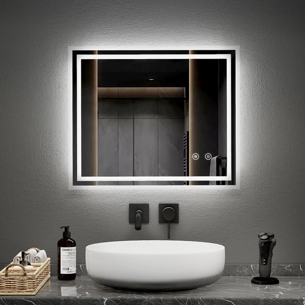 EMKE Badspiegel mit LED-Beleuchtung 60 x 50 cm, Kaltweiß 6500K, Touchschalter & Beschlagfrei, dimmbar, IP44, für Bad