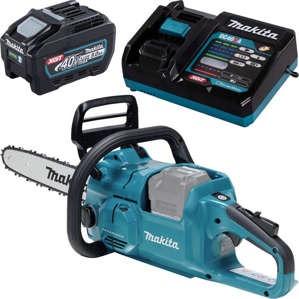 Makita Akku-Kettensäge Set mit 40V Max XGT Akku 5,0 Ah und Schnellladegerät DC40RA. Bürstenloser Motor.