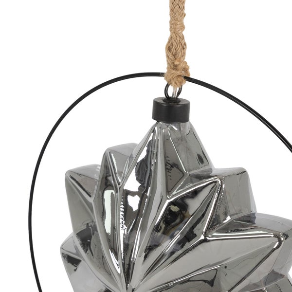 ECD Germany LED-Weihnachtsstern Ø18cm, 40 LEDs, 80cm Seil, Deko Leuchtstern zum Hängen, Warmweiß, Grau, Glasstern mit Beleuchtung & Metallring, batteriebetrieb, Timer, Innen, Deko Stern Weihnachtsdeko