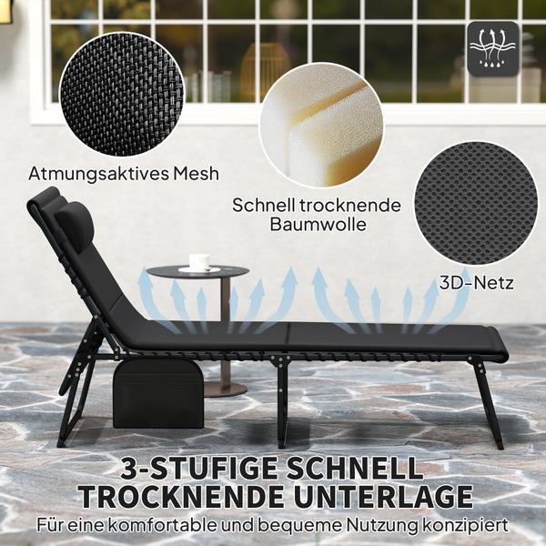 Schwarze Sonnenliege mit dreistufiger Unterlage aus atmungsaktivem Mesh, schnell trocknender Baumwolle und 3D-Netz für hohe Luftdurchlässigkeit.