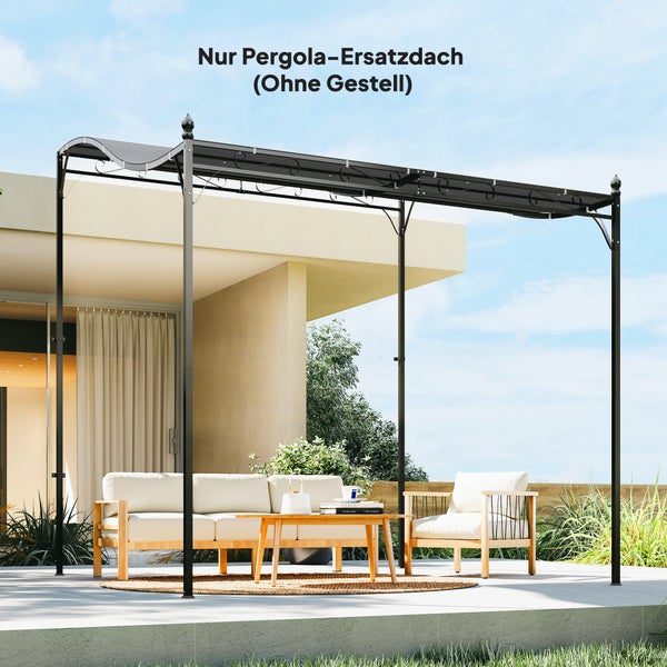 Pergola-Ersatzdach für Sonnenschutz auf einer hellen Terrasse mit modernen Gartenmöbeln aus Holz.