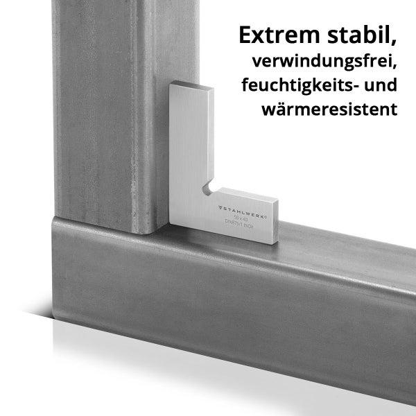 Stahlwerk Anschlagwinkel aus Edelstahl 50 mal 40 Millimeter zur präzisen Überprüfung von rechten Winkeln an Werkstücken.