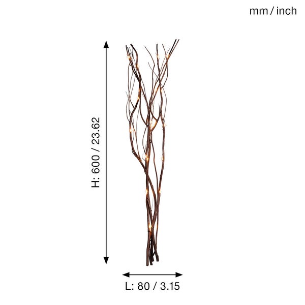 Dekorative Zweige mit Beleuchtung und Maßangaben.