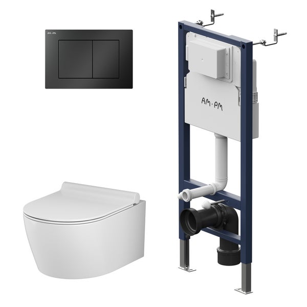 AM.PM Wand-WC Set Tiefspüler offener Spülrand weiß glänzend mit WC-Sitz , Vorwandelement und Betätigungsplatte schwarz IIS90238.XB1700