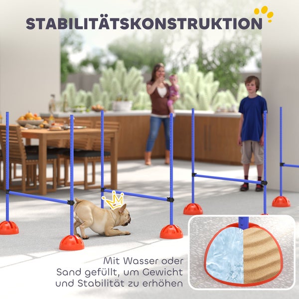 Agility-Set für Hunde mit verstellbaren Hürden und befüllbaren Standfüßen für Stabilität beim Training im Freien.