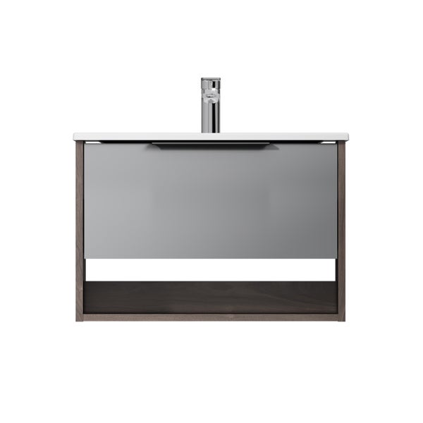 Wandhängender Waschtischunterschrank mit einem Auszug, offener Ablage und integriertem Waschbecken inklusive Armatur für das moderne Badezimmer.
