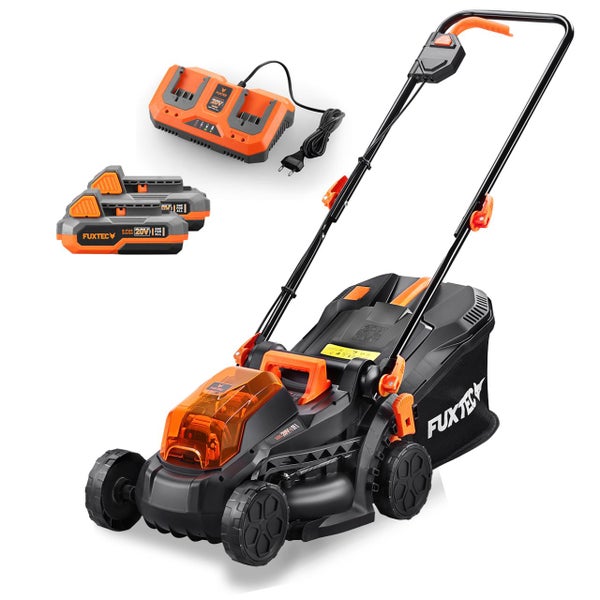 Akkurasenmäher mit Akkus, Akkuladegerät und Fangkorb