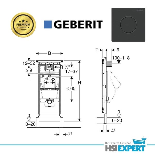 Geberit Installationssystem mit Premium Qualitätssiegel und Maßangaben