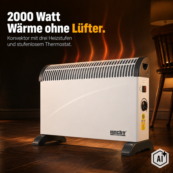 Hecht Konvektor Heizgerät mit 2000 Watt Leistung, drei Heizstufen und stufenlosem Thermostat für effiziente Raumwärme ohne Lüftergeräusche.