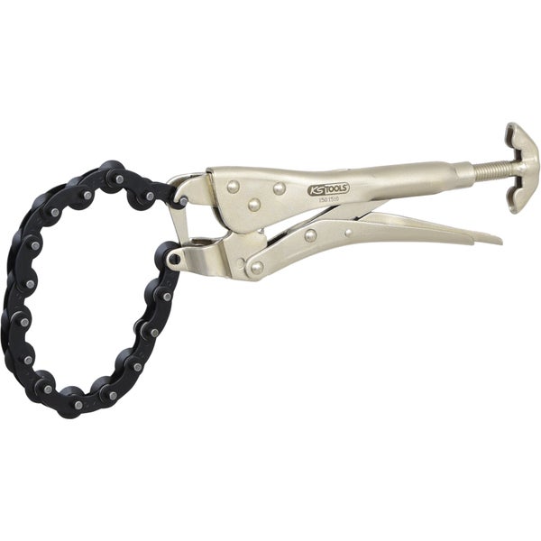 KS Tools Ketten-Rohrabschneider aus Metall mit verstellbarer Griffzange und schwarzer Kette.
